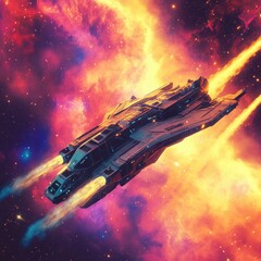 Futuristic spaceship flies through a colorful nebula in deep space