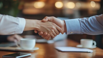 Cafe handshake deal closing meeting