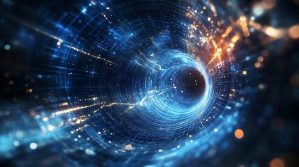 Obraz premium A glowing tunnel formed by twisting energy lines and floating geometric shapes in a dark void.