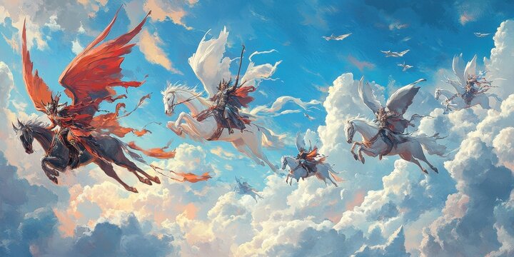 Winged horses and riders soar above a cloudy landscape