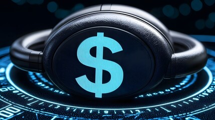 High-tech headphones with dollar sign on digital background