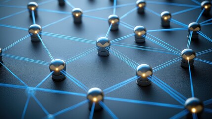 Network of metallic spheres connected by blue lines on dark background