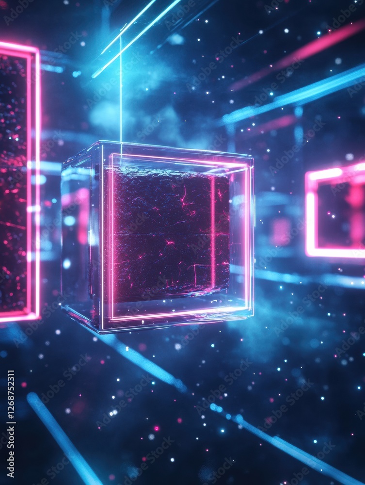 Poster Vibrant neon cubes float in a digital space with glowing lines and mystical particles. Generative AI