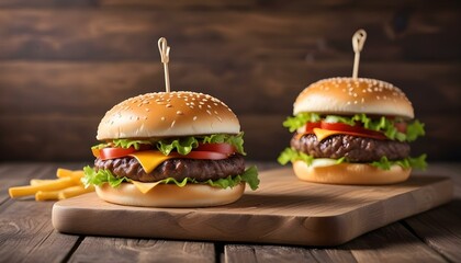 fresh tasty burger on wood table