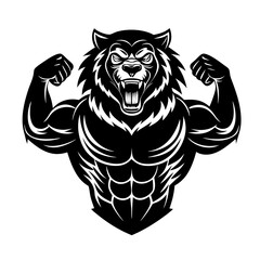 Silhouette Line Art Bold Fitness T-shirt Design with Roaring Lion, Roaring Lion Silhouette Tee, Bold Fitness Lion Silhouette Shirt, Line Art Lion Strength T-shirt