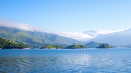 Naklejka premium a serene body of water surrounded by islands, with majestic mountains rising in the background