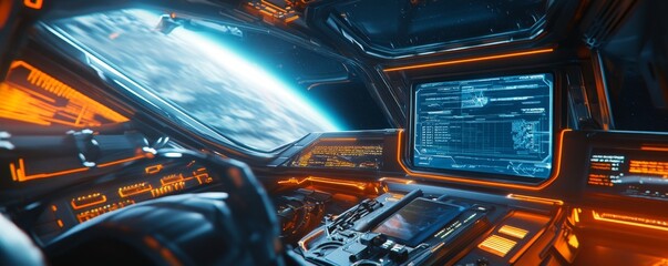 Spaceship cockpit view Earth orbit, data display, futuristic design, Sci-Fi film