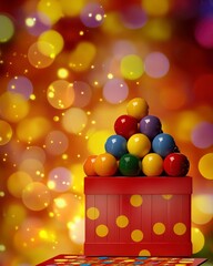 Pyramid of Colorful Balls in Red Polka Dot Box Against Warm Bokeh Background