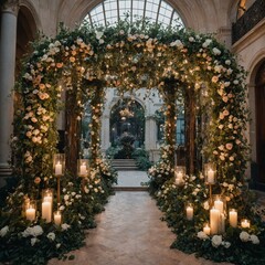Fototapeta premium A fairytale-inspired floral entrance with enchanted ivy and twinkling lights.