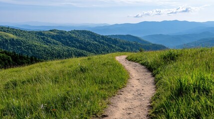 A winding dirt path traverses a verdant hillside, leading the viewer's eye towards a breathtaking vista of distant mountains.