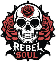 Obraz premium Gothic Skull and Roses T-shirt Design with Rebel Soul in Edgy Font, Gothic Skull Rose T-shirt, Edgy Rebel Soul Tee, Dark Gothic Apparel Design