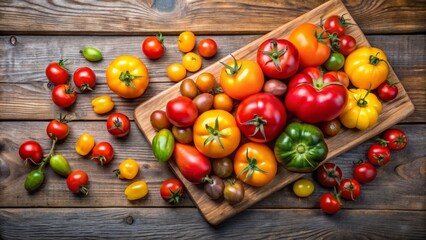 Fresh Vibrant Assortment of Heirloom Tomatoes on Wooden Table