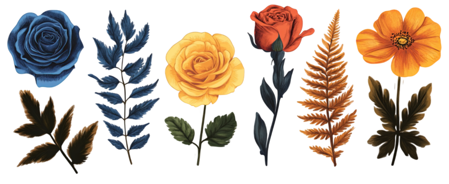 Beautiful collection of hand-drawn flowers and foliage in vibrant colors on a white background