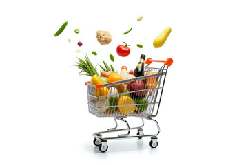 Fresh groceries and goods falling in a supermarket trolley, grocery shopping concept