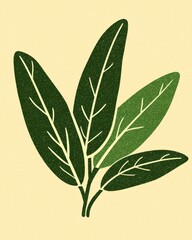 Naklejka premium Three Green Sage Leaves Illustration on Pale Yellow Background