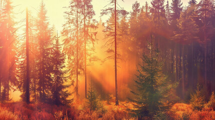 Obraz premium Autumn forest nature. Vivid morning in colorful forest with sun rays through branches of trees.