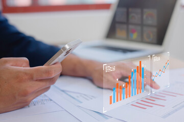 Businessman touch investment growth graph chart and analysing growth achievement diagram data...