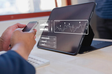 Businessman touch investment growth graph chart and analysing growth achievement diagram data...