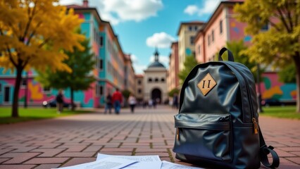 Fototapeta premium College Admissions, Backpack with notes in front of campus mural colorful and detailed.