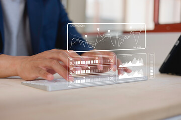 Businessman touch investment growth graph chart and analysing growth achievement diagram data...