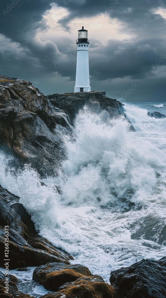 Poster lighthouse standing tall on rugged cliffs as waves crash against the rocks under a stormy sky