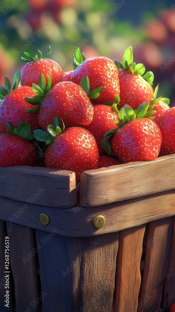 Poster close-up view of basket filled with freshly harvested strawberries in a lush field during the golden
