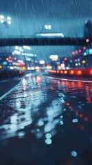 Obraz premium Rainy city street at night with blurred lights reflecting