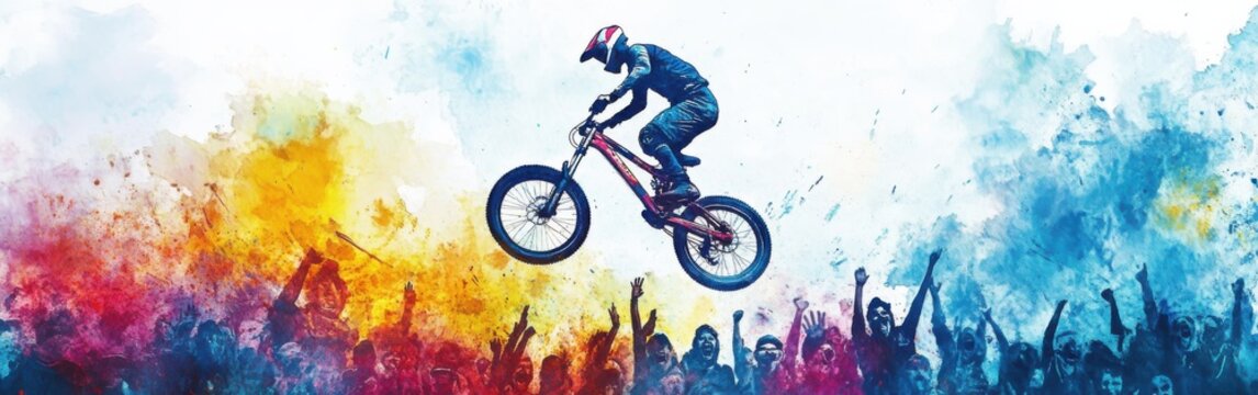 Dynamic mountain biker leaps above an enthusiastic crowd in a vibrant splash of color