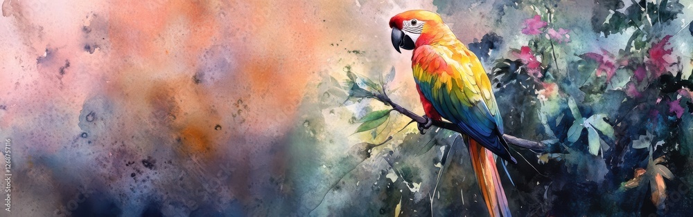 Aufkleber close-up of a vibrant parrot perched on a branch with a watercolor background of colorful foliage