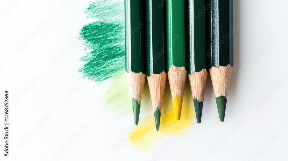 Aufkleber pencil strokes create a subtle gradient with green hues and yellow highlights on white paper for art