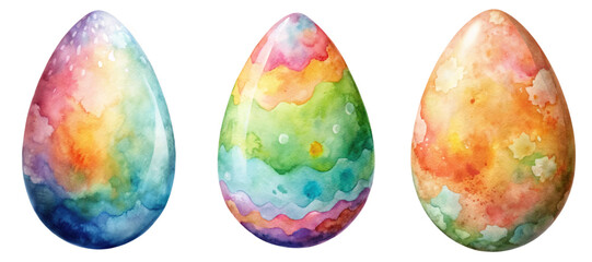 Colorful watercolor eggs, vibrant pastel hues, artistic design, Easter decoration, spring celebration, festive art.