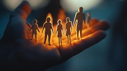 Obraz premium Hand holding glowing cutout figures of people of different sizes symbolizing unity and support 