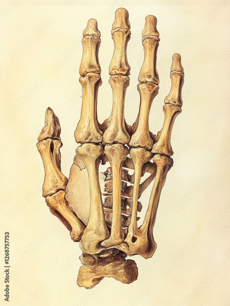 Poster detailed anatomical illustration of a human hand skeleton showing bones and structure in a scientifi