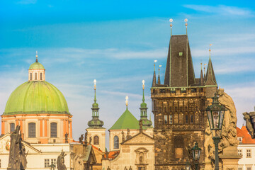 Fototapeta premium A detailed telephoto view of Prague, Czech Republic, showcasing its famous towers, historic landmarks, and intricate architecture, capturing the city's rich cultural heritage and stunning urban scenes