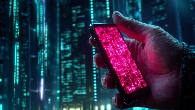 Close up of a hand holding a device displaying a vibrant pink data stream against a backdrop of a futuristic city at night, with teal and purple neon