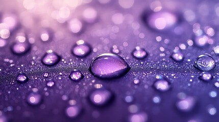 A close-up of water droplets on a purple gradient surface, reflecting light.