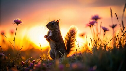 Obraz premium Adorable Ground Squirrel Silhouette at Sunset Meadow