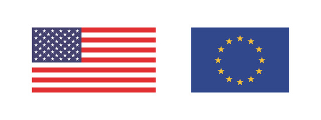 Flags of the United States and the European Union. Flag icon. Standard color. Standard size. A rectangular flag. Computer illustration. Digital illustration. Vector illustration.