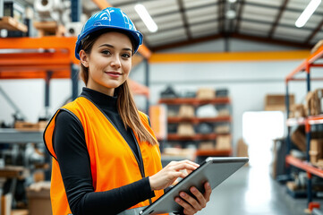 Woman in a warehouse wearing a hard hat uses a tablet.