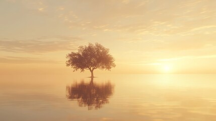 Serene Minimalist Composition of a Tree in Calm Water at Sunrise