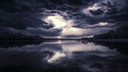 Serene River Landscape Under Dramatic Stormy Sky at Dusk