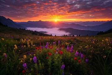 Fototapeta premium A vibrant sunset over mountains, with wildflowers in the foreground, casting colorful hues across a misty valley.