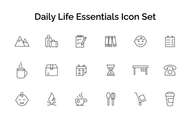 Vector icon set for travel, office, and daily life essentials. A collection of minimal line icons representing travel, work, communication, food, and time management.