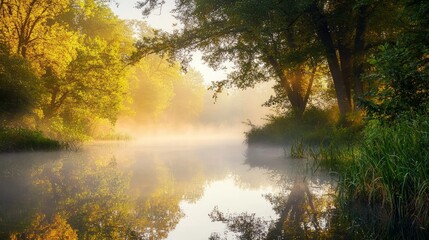Obraz premium Ethereal Misty Lake with Lush Trees and Golden Morning Light