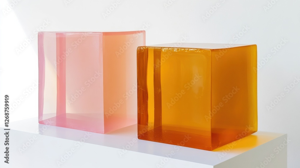 Poster minimalist display featuring amber and pink color blocks on a white pedestal in a contemporary space