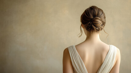 A stunning portrait of a woman viewed from behind, wearing a flowing ivory dress, her hair styled in an elegant low bun