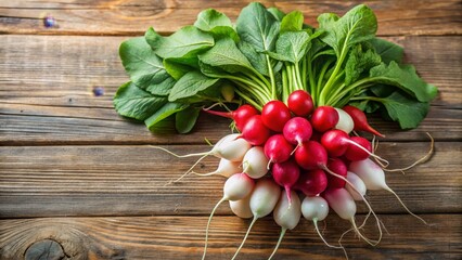 Fresh Organic Radishes with Green Leaves on Rustic Wooden Background
