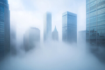 Skyscrapers emerging from thick fog in a modern cityscape, creating a surreal and mysterious atmosphere with a soft blue color palette.