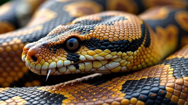 Close-up of a colorful python with intricate patterns on its skin