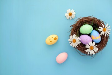 Nest with easter eggs with flowers on blue background
